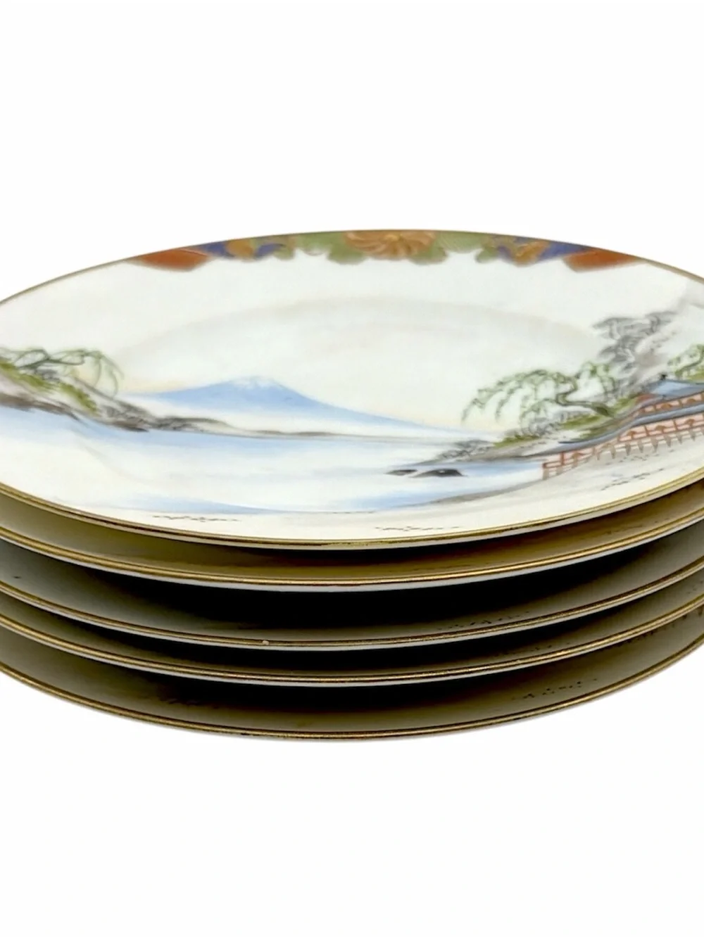 Set of Five Antique TS Nippon Kutani Mount Fuji Plates 7.25” Gold Gilt Japan